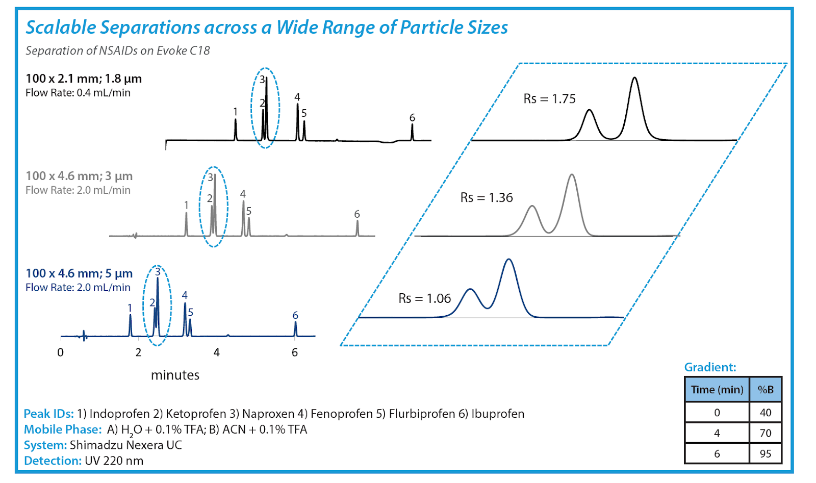 EVOKE™ C18 van deemter plot shows scalable separations across a wide range of particle sizes.