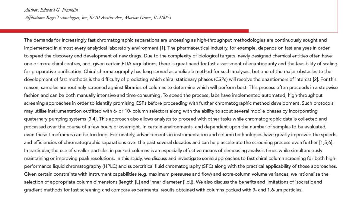 Regis High Throughput Chiral Screening Article_Chromatography Today