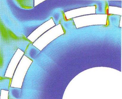 A heat/energy map of the wet milling action zone of the HV, showing the concentrated points of energy dissipation.